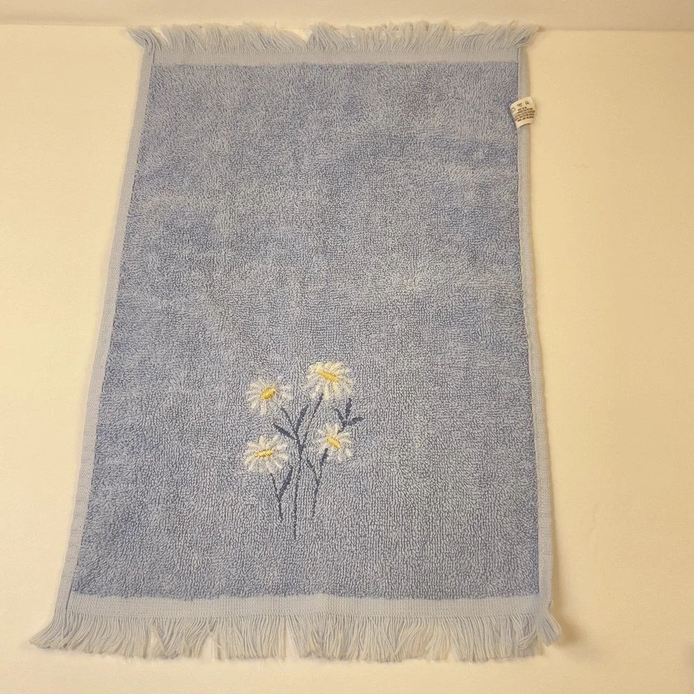 Vintage Cannon Blue Hand Towel Embroidered Daisies Fringe Made in USA 15x23